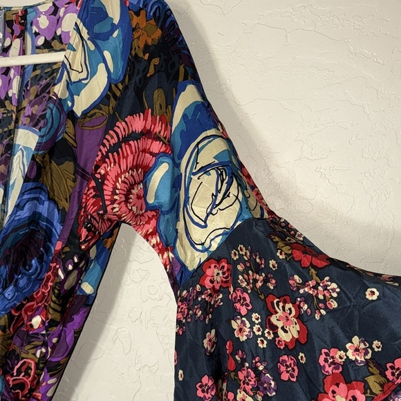 Johny Was patchwork floral print 3/4 bell sleeve true wrap dress tulip skirt - Picture 6 of 10